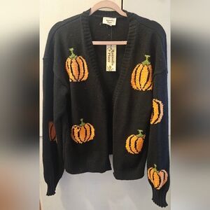 Magnolia Place  Black Cardigan with Orange Pumpkin - Plus/One Size NWT